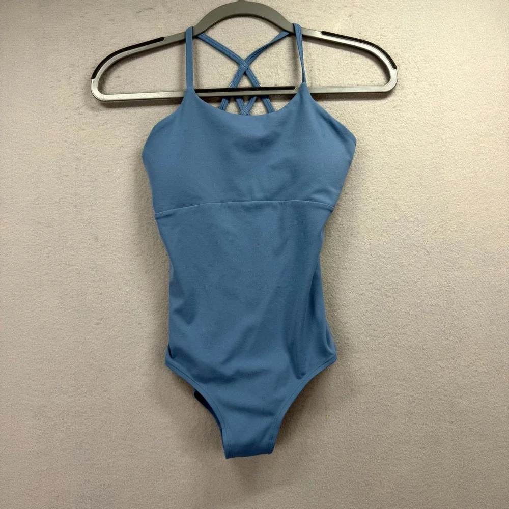 Athleta Girl Got Your Back Leotard Girls XL 14 Blue Strappy Gymnastics Dance
